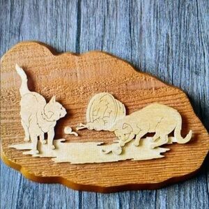 Hand Crafted Cat Wooden Wall Art, Kittens Playing w Yarn, Handmade Rustic 10x8